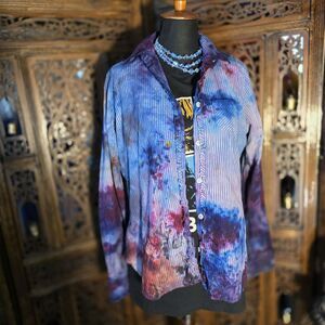 One of a Kind Ice Dyed Ruffle Front Shirt | Blue White Stripes (Medium)